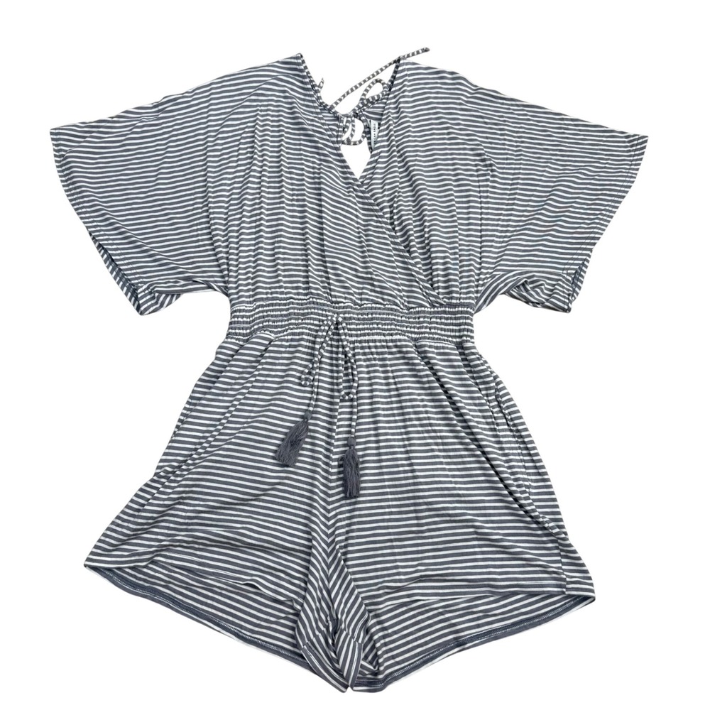 American Eagle Striped Wrap Front Romper Women Grey Summer Cute Kimono Sleeves
